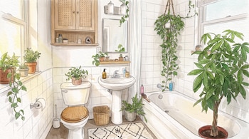 Baño interior con inodoro, lavabo, bañera, espejo, gabinete, estantes, múltiples plantas en macetas, cortina de ducha, cesto, alfombra y ventana.