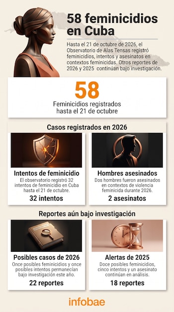 Infografía con la figura de una mujer, textos, cifras de feminicidios en Cuba, ilustraciones de un escudo, una silueta, una carpeta y un reloj.