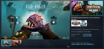 Captura de pantalla de una interfaz de videojuego con un pez morado de dientes afilados en primer plano y datos del producto a la derecha
