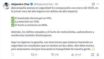 El balance de seguridad municipal indicó una disminución del 12% en homicidios y fuertes descensos en extorsión, hurtos y delitos sexuales en enero - crédito Alejandro Char/X