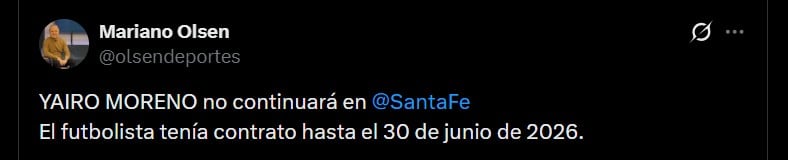 Yairo Moreno solo estuvo seis meses en Santa Fe y volvería a quedar como agente libre - crédito @olsendeportes/X