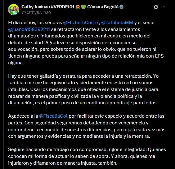 La conciliación y retractación entre los implicados tuvo lugar tras la difusión de mensajes en redes sociales que acusaban a Catherine Juvinao sin evidencia concreta - crédito @CathyJuvinao / X