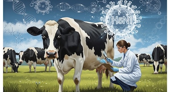 Científica con bata de laboratorio, gafas y guantes examina la ubre de una vaca Holstein. Otras vacas y símbolos de ADN y H5N1 en el cielo.