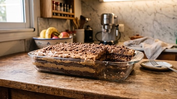 Una chocotorta en molde de vidrio sobre una mesa de madera, un plato con tenedor al lado y una cafetera en el fondo de la cocina.