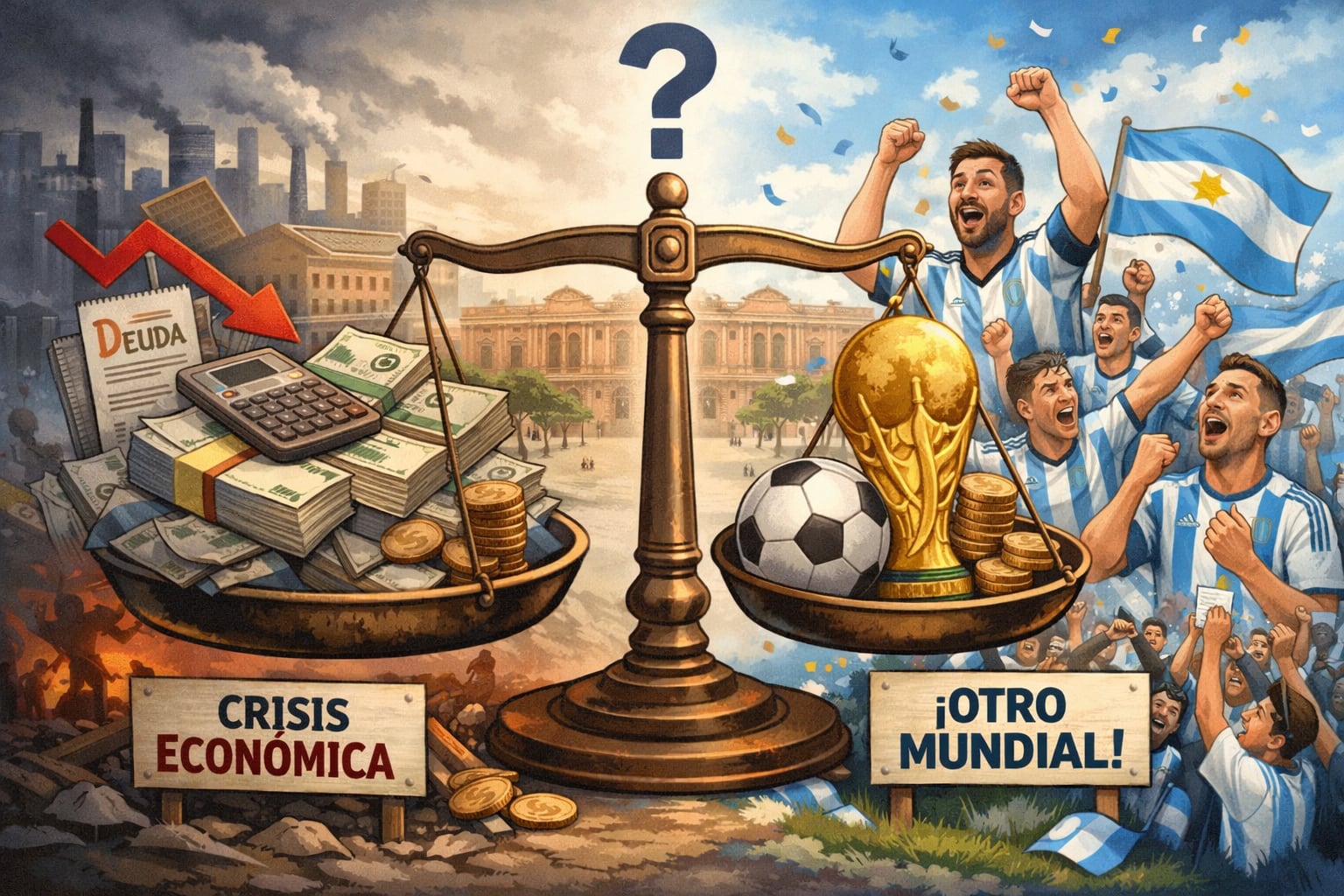 Una imagen ilustra la disyuntiva de los argentinos entre la mejora económica del país y la victoria en un nuevo Mundial, tema central de una reciente encuesta de Giacobbe & Asociados. (Imagen Ilustrativa Infobae)