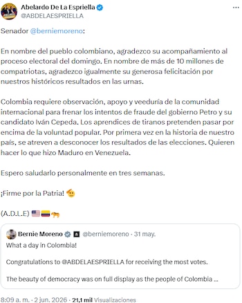 Abelardo de la Espriella pidió observación extranjera ante dudas sobre transparencia electoral - crédito @ABDELAESPRIELLA/X