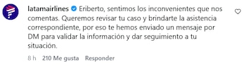 La respuesta de Latam en la publicación de Eriberto Gutiérrez.