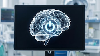 Un monitor de ordenador muestra un cerebro humano transparente con un botón de encendido/apagado brillante superpuesto, en el fondo se vislumbra un entorno médico.