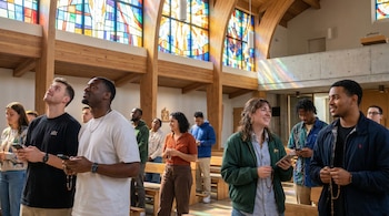 Grupo de jóvenes de la Generación Z en una iglesia moderna con grandes vitrales coloridos, algunos mirando hacia arriba, otros con teléfonos o rosarios en las manos.