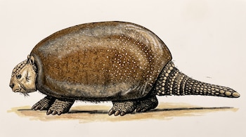 Ilustración de un animal acorazado de color marrón rojizo con caparazón y cola segmentada, patas cortas y cabeza pequeña.