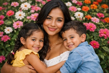 Una joven mujer de piel morena con cabello oscuro abraza a una niña y un niño pequeños, todos sonríen. Detrás, hay flores rosadas, blancas y anaranjadas.