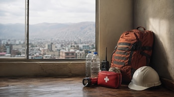 Mochila naranja, botiquín rojo, linterna, radio, dos botellas de agua, cuerda y casco de seguridad blanco junto a una ventana con vista a una ciudad y montañas