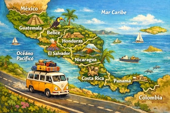 Un mapa de Centroamérica con países, océanos, el Mar Caribe, volcanes, pirámides, animales, barcos y una furgoneta amarilla con equipaje.