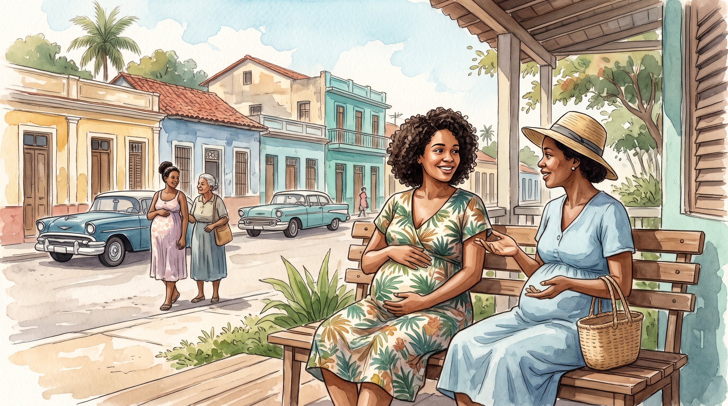 Dos mujeres embarazadas conversan en el porche de una vivienda frente a una calle con edificios coloniales y automóviles clásicos en Cuba. (Imagen Ilustrativa Infobae)