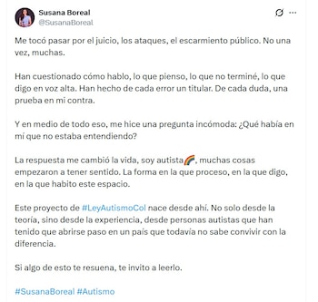 La representante Susana Boreal señaló que su diagnóstico de autismo le dio un propósito dentro de la política - crédito @SusanaBoreal/X