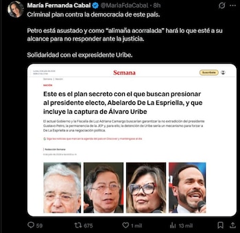 María Fernanda Cabal también respaldó a Álvaro Uribe y denunció un supuesto plan criminal en su contra - crédito @MariaFdaCabal / X