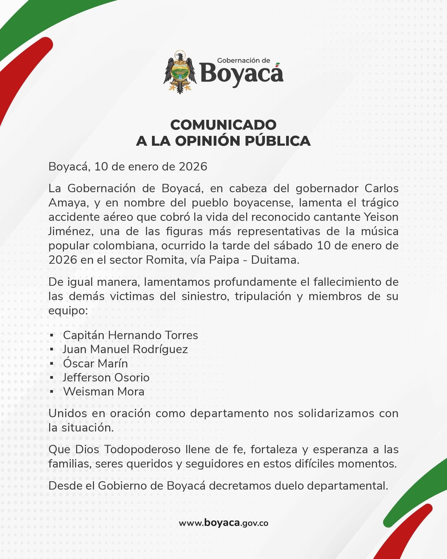 Este es el comunicado de la Gobernación de Boyacá lamentando lo ocurrido - crédito Gobernación de Boyacá