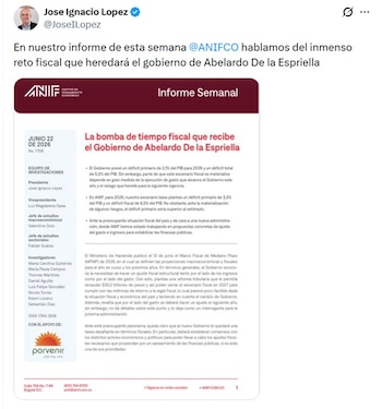 José Ignacio López, presidente de Anif, dijo que a Abelardo de la Espriella le espera un enorme reto fiscal - crédito @JoseILopez/X