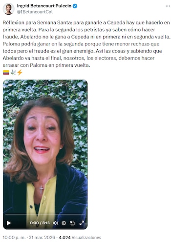 Ingrid Betancourt advirtió sobre el riesgo de fraude electoral y la polarización en la carrera presidencial de Colombia - crédito @IBetancourtCol/X