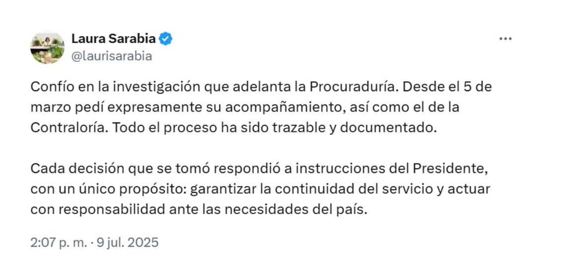 Laura Sarabia se pronunció en sus redes sociales sobre la investigación que abrió la Procuraduría en su contra - crédito @laurisarabia/X