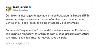 Laura Sarabia se pronunció en