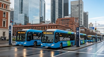 Autobuses eléctricos azules con franjas verdes en una calle urbana mojada, frente a edificios modernos y rascacielos. Cargadores eléctricos visibles.