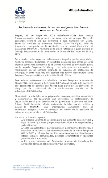 La Defensoría del Pueblo advirtió que el asesinato de líderes sociales afecta gravemente a procesos comunitarios, juveniles y campesinos del Catatumbo - crédito @DefensoriaCol/X