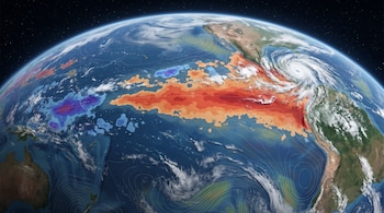 Globo terráqueo visto desde el espacio con zonas en tonos rojos y azules en el océano Pacífico, un ciclón y líneas de corrientes de viento.