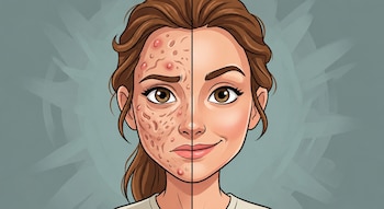 Ilustración de una cara de mujer dividida verticalmente; el lado izquierdo tiene acné severo, el lado derecho tiene piel lisa y clara