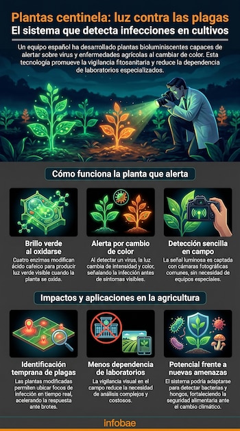 Infografía muestra a científico inspeccionando plantas brillantes en un campo oscuro, con paneles que explican la bioluminiscencia para detectar plagas en cultivos.