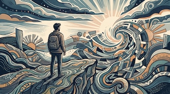 Ilustración de un hombre de espaldas con mochila frente a un horizonte con sol, nubes y trazos curvilíneos abstractos.