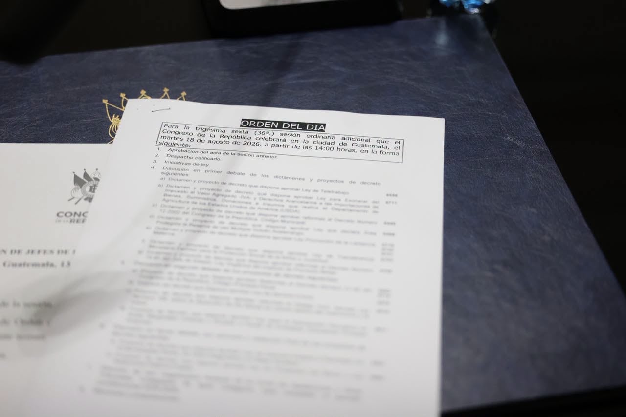 La Orden del Día detalla los puntos a tratar en la trigésima sexta sesión del Congreso de la República de Guatemala, programada para el 18 de agosto de 2026. (Congreso de la República de Guatemala)