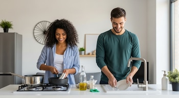 Joven pareja sonriente en una cocina moderna: mujer con cabello rizado cocina en la estufa y hombre lava platos en el fregadero.