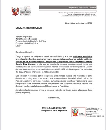 Oficio de Digna Calle.