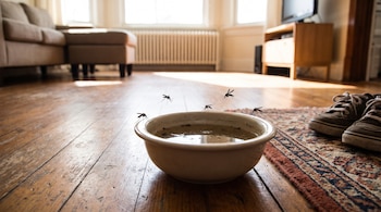 Varios mosquitos volando sobre un cuenco con agua en el suelo de madera de una casa, con un sofá, una ventana y zapatillas en el fondo.