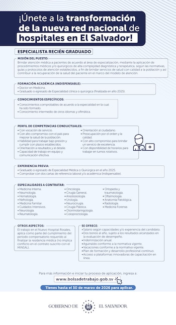 La convocatoria ofrece plazas en más de 20 especialidades clínicas y quirúrgicas, con opción de jornadas rotativas y turnos 24/7. (Foto cortesía Gobierno de El Salvador)