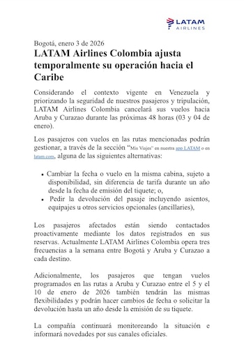 La aerolínea Latam Airlines Colombia