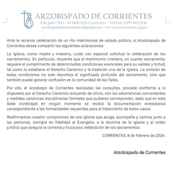 El Arzobispado de Corrientes negó