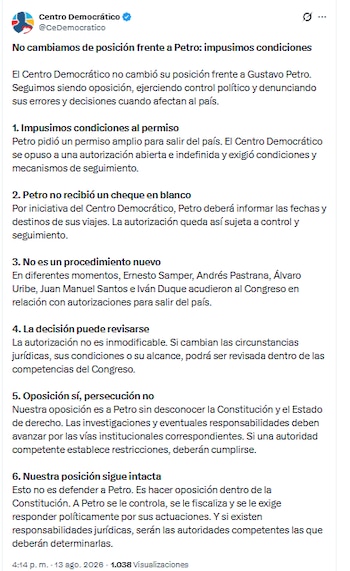 El Centro Democrático aseguró que sigue siendo opositor de Gustavo Petro - crédito @CeDemocratico/X