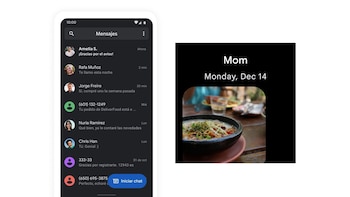 Pantalla de teléfono móvil con lista de chats en modo oscuro y un recuadro negro a la derecha con la foto de un cuenco con sopa