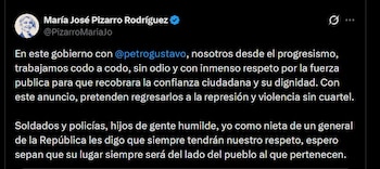 María José Pizarro rechazó el regreso del Esmad y afirmó que la medida devuelve a la fuerza pública a la represión y la violencia - crédito @PizarroMariaJo / X