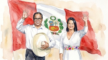 Acuarela de Keiko Fujimori y un hombre llamado Sanchez, ambos sonriendo y saludando, de la cintura para arriba, con la bandera peruana de fondo.