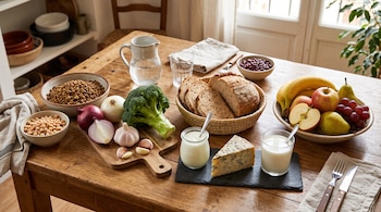 Mesa de madera con cuencos de legumbres, cebollas, brócoli, pan cortado, queso, yogur y un frutero con plátanos y manzanas.