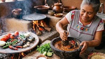 Uma mulher de avental mói molho num molcajete de pedra. Ao fundo, vegetais são assados em fogo de lenha e comal em uma cozinha tradicional