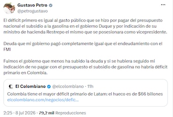 Petro defendió el manejo fiscal de su administración y explicó su posición frente al déficit primario. - crédito @petrogustavo/X