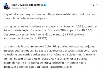 Juan David Ballén, director de Estudios Económicos y de Mercado de Aval Asset Managemen. anotó que "un peso más fuerte encarece a Colombia para los turistas extranjeros" - crédito @juandaballen/X