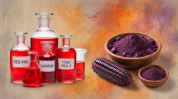 Cinco frascos con líquidos rojos y sus etiquetas, una mazorca de maíz morado y dos cuencos de madera con pigmento morado en polvo.