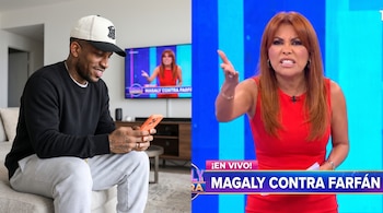 Jefferson Farfán con gorra y teléfono en sofá, con Magaly Medina en televisión de fondo. Magaly Medina con vestido rojo y expresión de enojo.