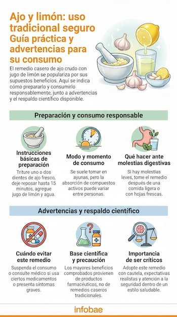 Infografía sobre ajo y limón. Muestra un mortero con ajo triturado, ajos, limones, un vaso con líquido y texto informativo sobre preparación y advertencias.