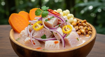 Un cuenco de madera con ceviche: cubos de pescado blanco, láminas de cebolla morada, rodajas de ají amarillo y rojo, hojas de cilantro, camote y choclo.